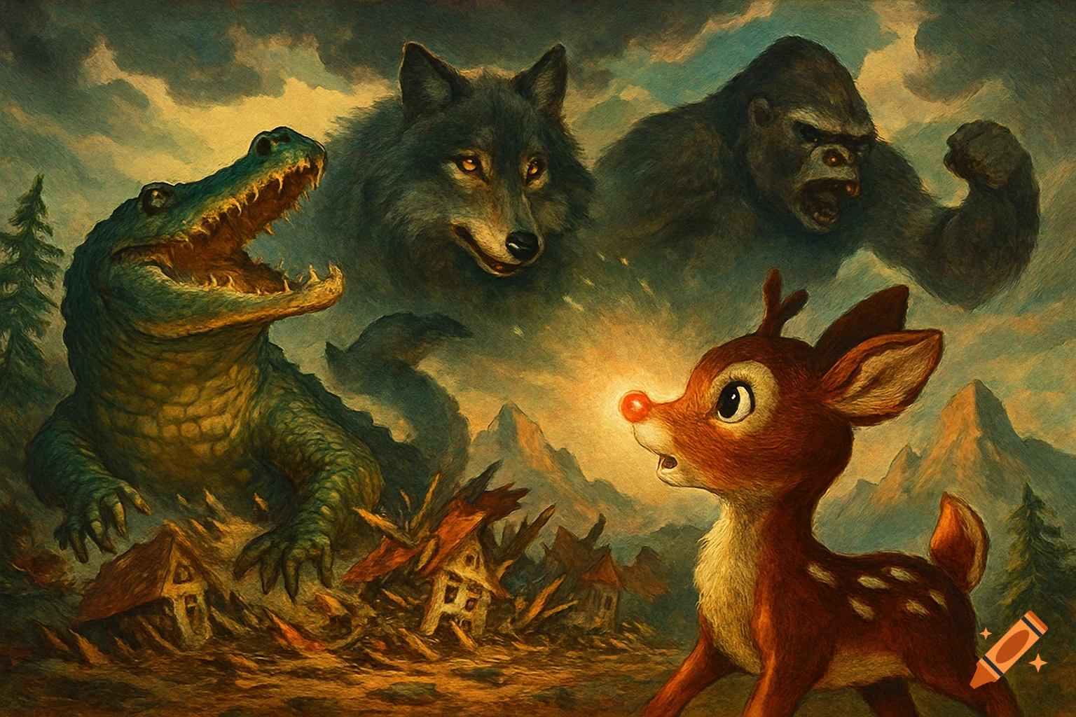 Rudolph the Red-Nosed Reindeer fawn confronts giant alligator, wolf, and gorilla monsters over a destroyed village, in a vintage illustration.