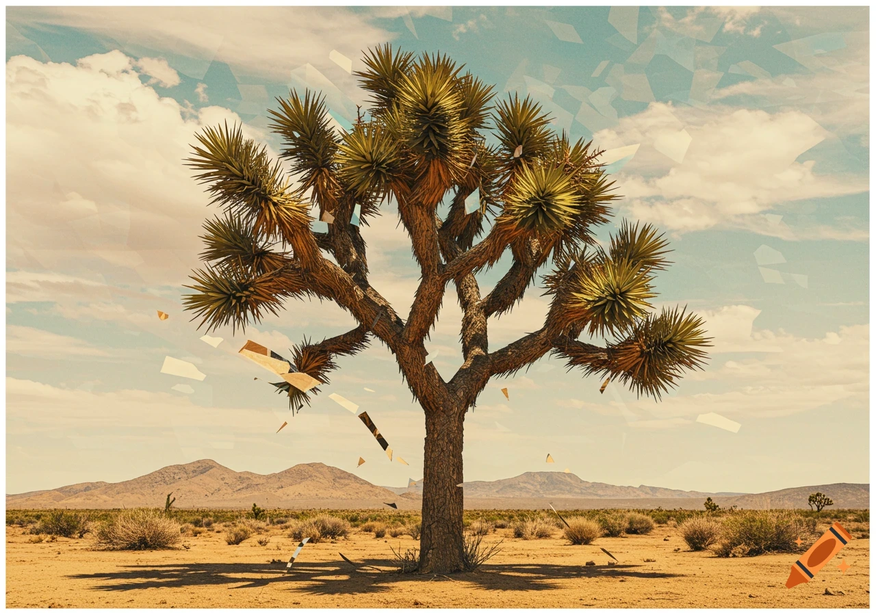 A cubist-style Joshua tree stands in a desert landscape under a fragmented sky, with geometric shards floating around.