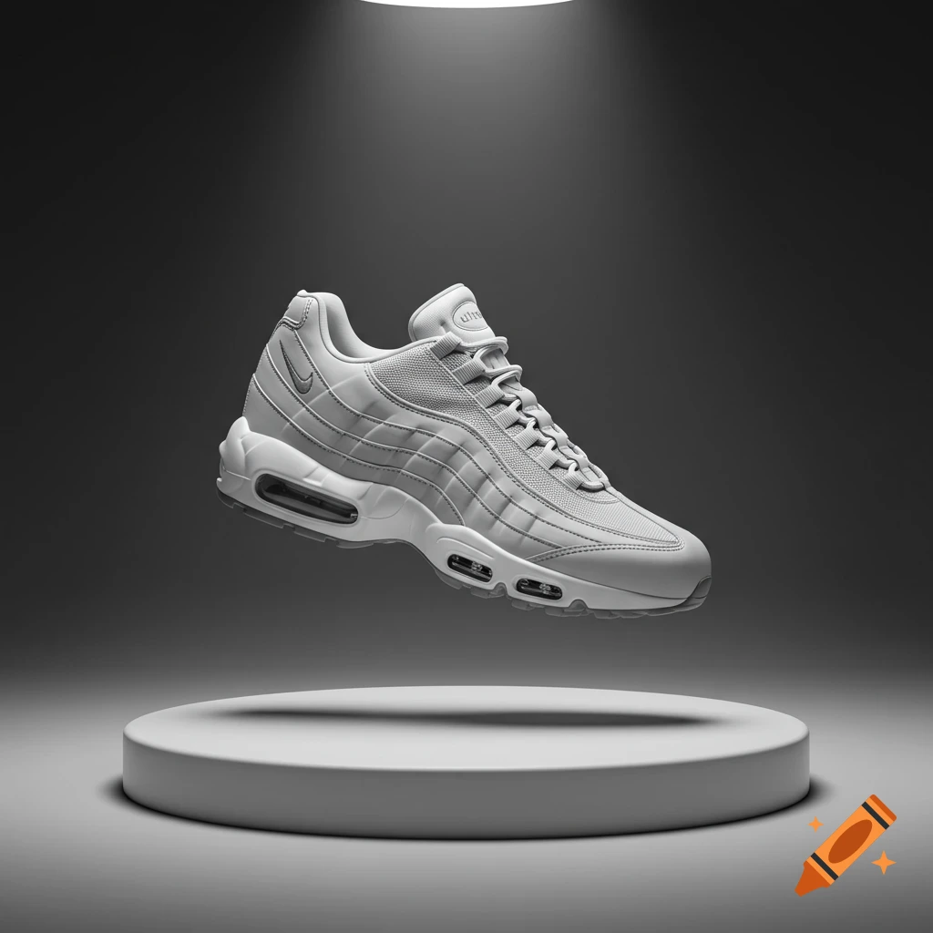 A grey Nike Air Max 95 sneaker levitating over a white podium under a spotlight, photorealistic.