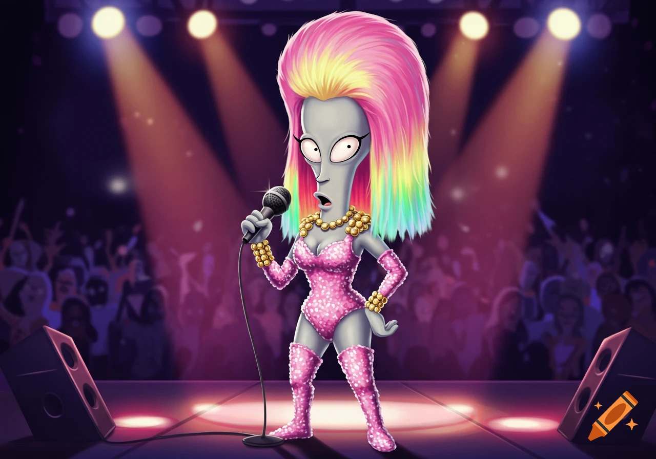 Roger the alien from American Dad in a sparkly pink bodysuit and colorful wig sings on stage to a crowd.