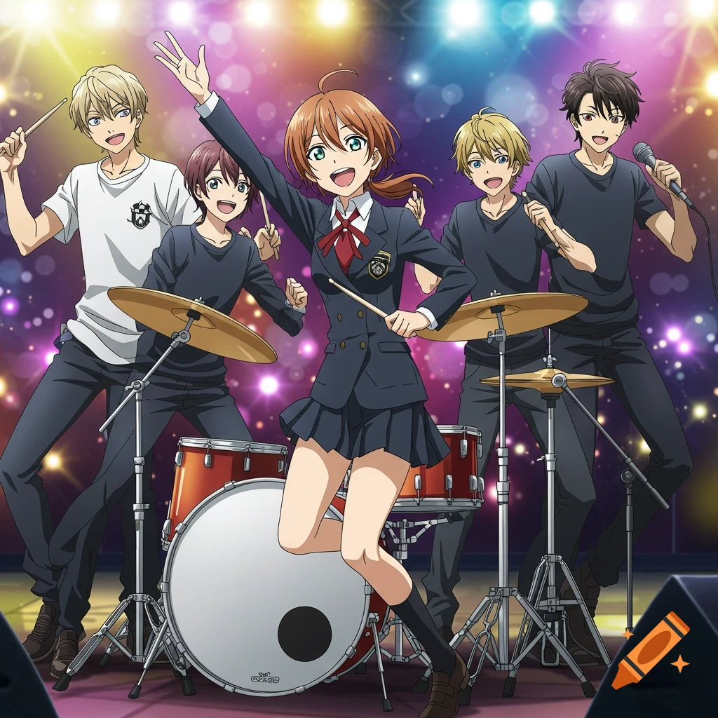 An anime band featuring a girl drummer in a school uniform and four boys in casual clothes playing instruments on a brightly lit stage.