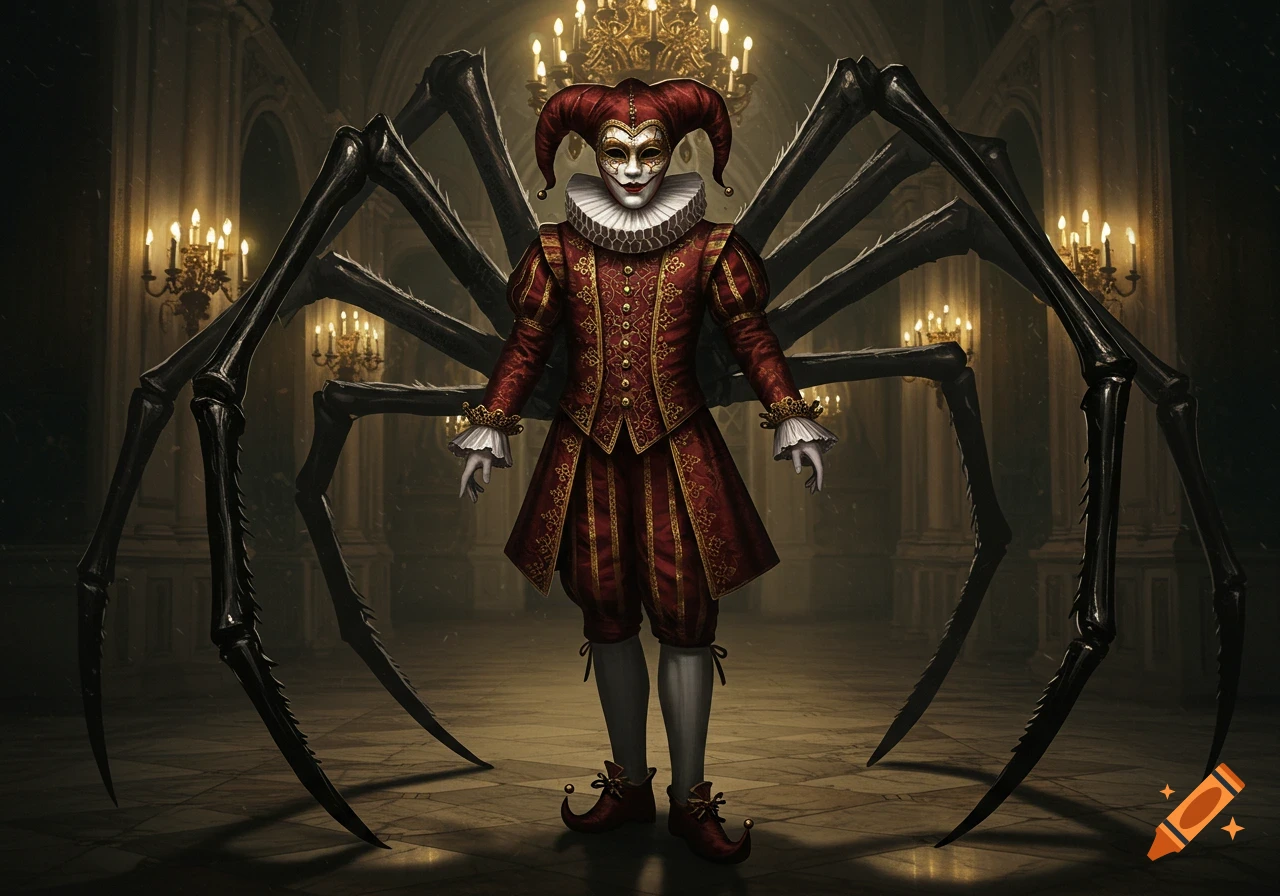 A jester in a red and gold Renaissance suit and masquerade mask, with large black spider legs emerging from their back, stands in an ornate hall.