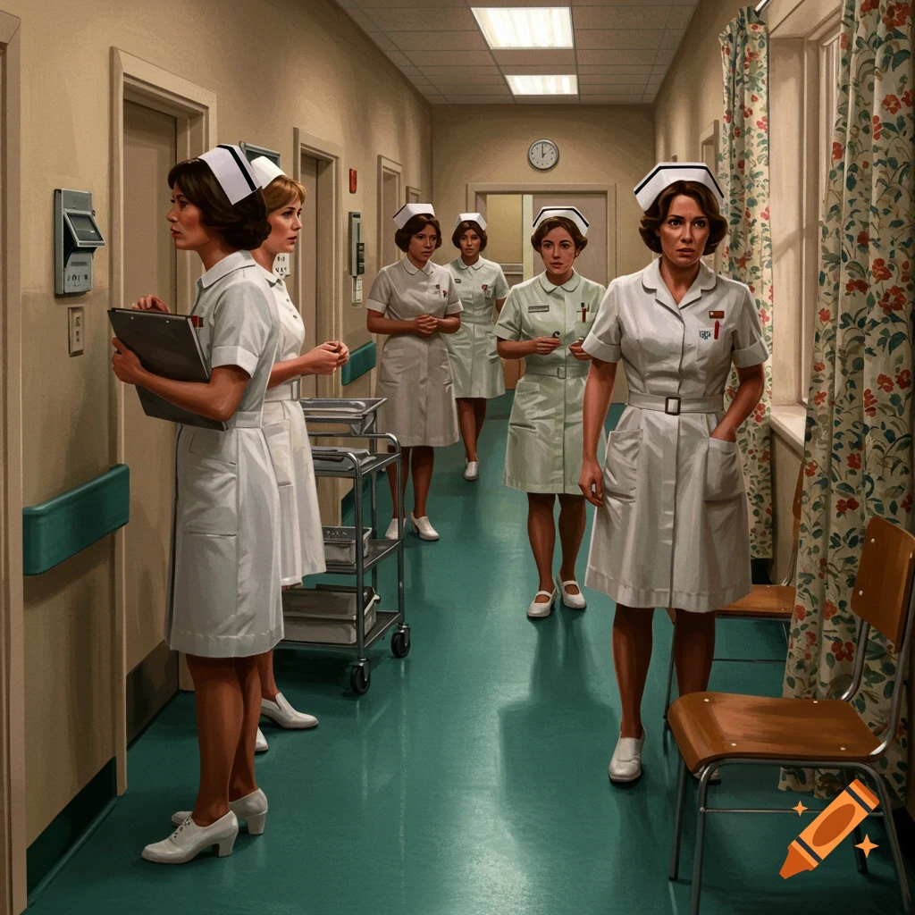 A group of nurses in white and mint green uniforms stands in a retro 1970s hospital hallway, with one nurse looking at a clipboard.