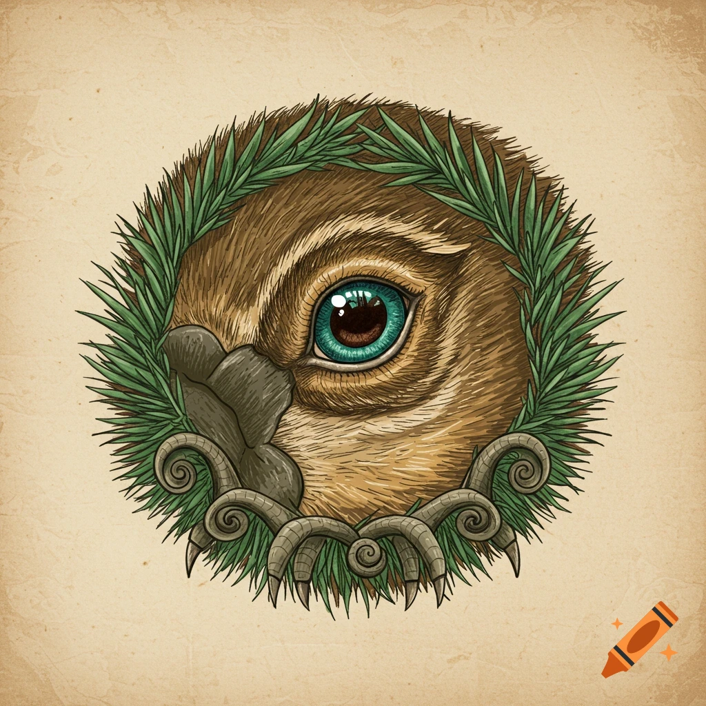 Vintage illustration of a platypus's eye with a turquoise pupil, surrounded by green leaves and curly decorative elements, on an aged paper background.