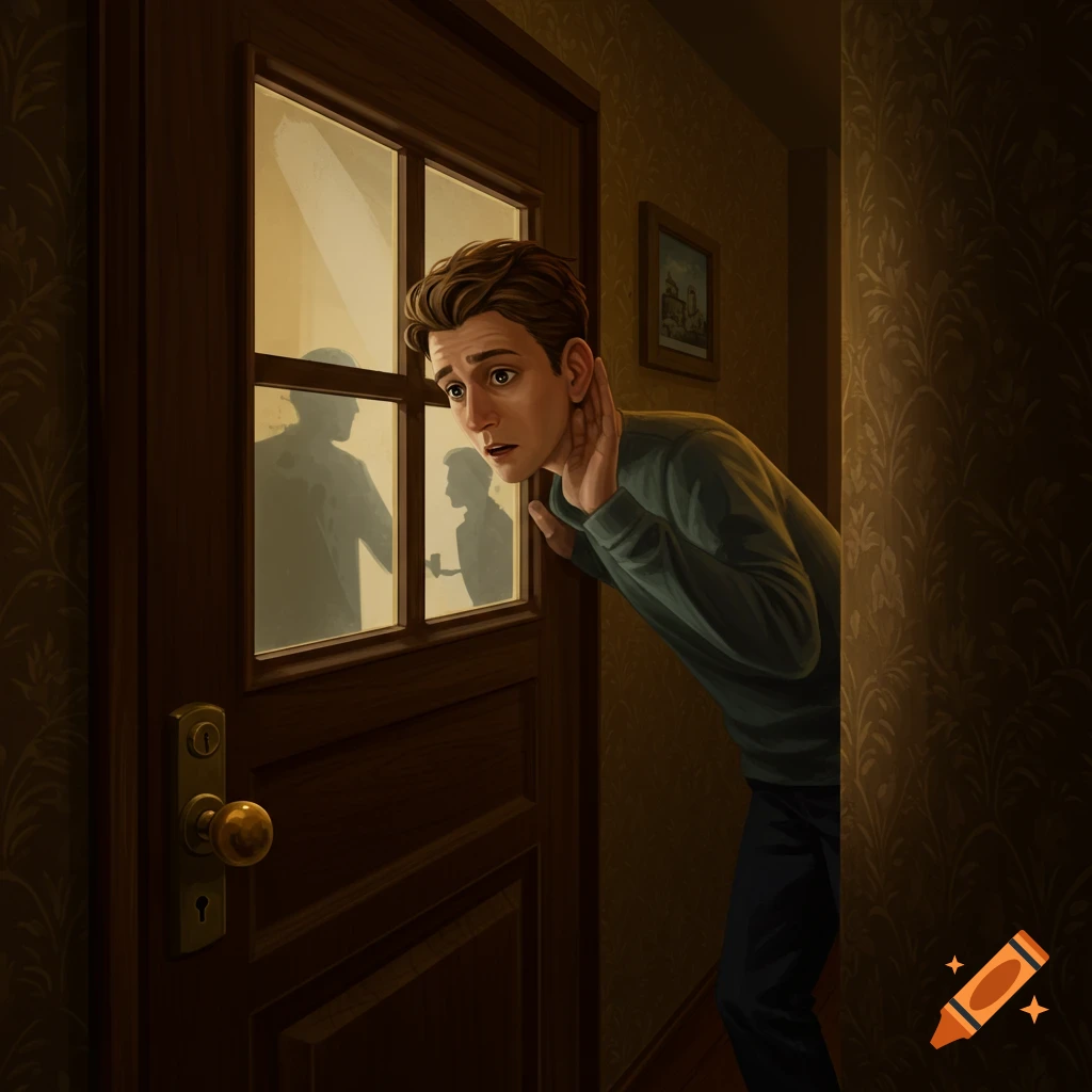 A man with a worried expression leans to listen at a glass-paned door, revealing two shadowy figures on the other side.