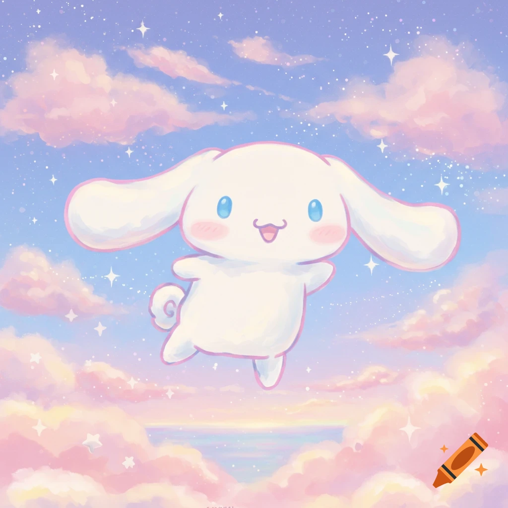Cinnamoroll, a white cartoon dog with long ears, floats in a pastel sky with pink and purple clouds and sparkling stars.