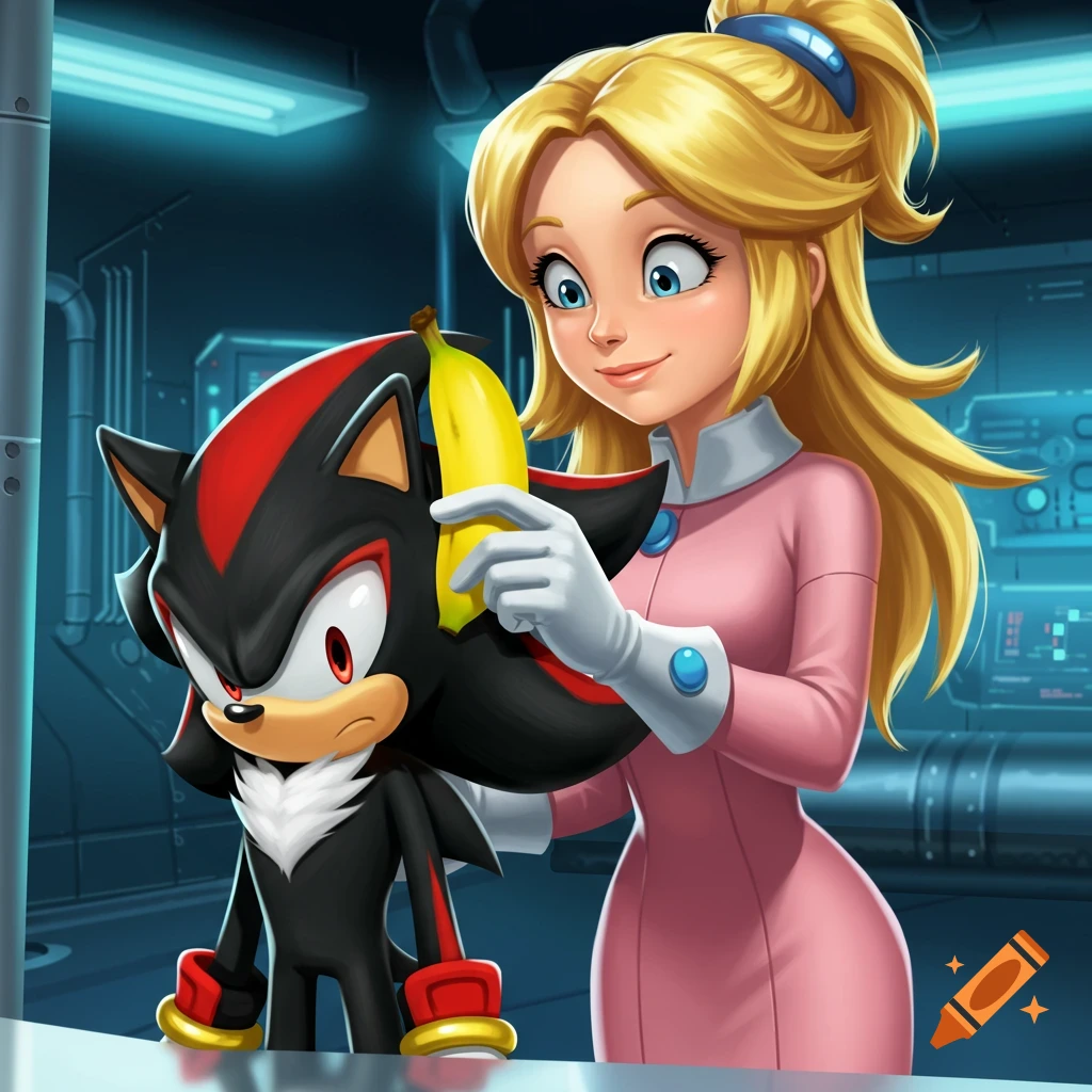Cartoon Maria Robotnik holds a banana to Shadow the Hedgehog's ear in a sci-fi lab.