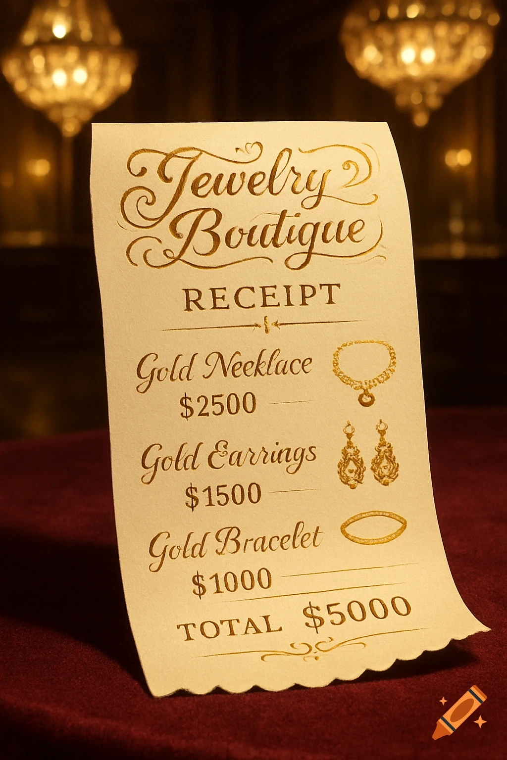A detailed receipt for $5000 worth of gold jewelry, including a necklace, earrings, and a bracelet, displayed on a red velvet surface in a luxurious setting.