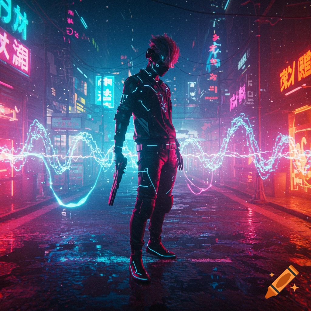 Person in a futuristic suit with glowing lines, holding a gun in a neon cyberpunk city street with energy waves.