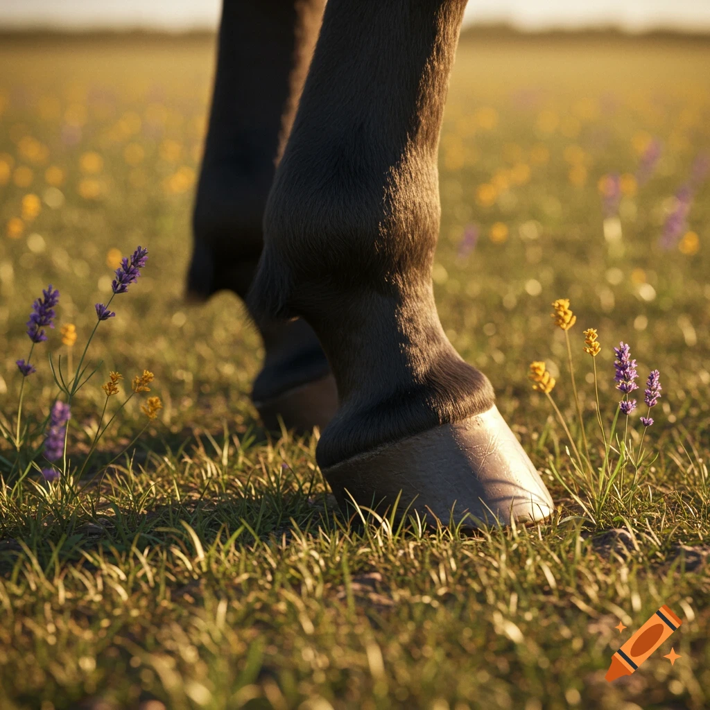 Close-up photorealistic shot of a horse's dark legs and hooves in a sunlit meadow with purple and yellow wildflowers.