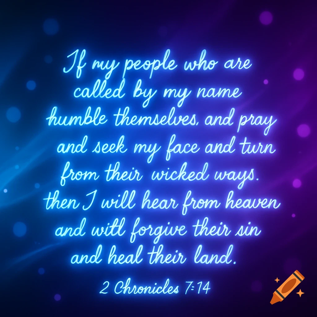 Neon blue script displays the Bible verse 2 Chronicles 7:14 on a vibrant blue and purple glowing background.
