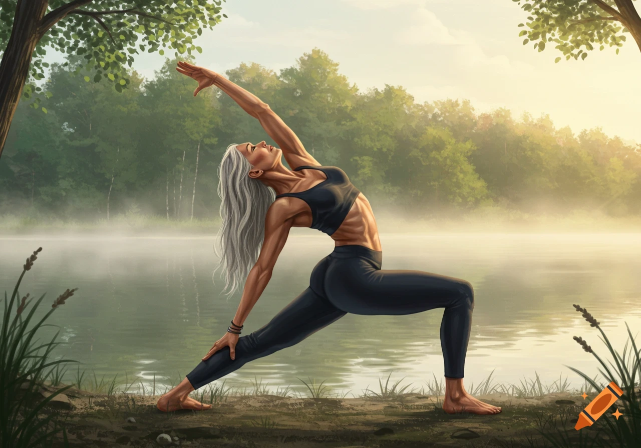 A fit, grey-haired woman in black activewear does yoga by a misty lake with trees, painterly style.