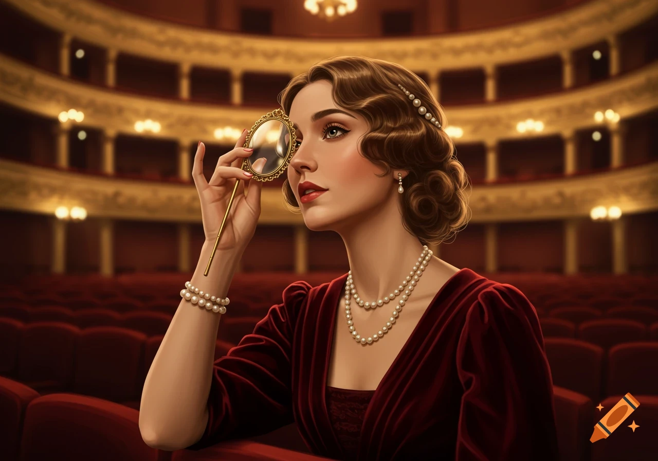 An elegant woman in a red velvet dress and pearls holds a lorgnette while watching a show in a grand theatre.