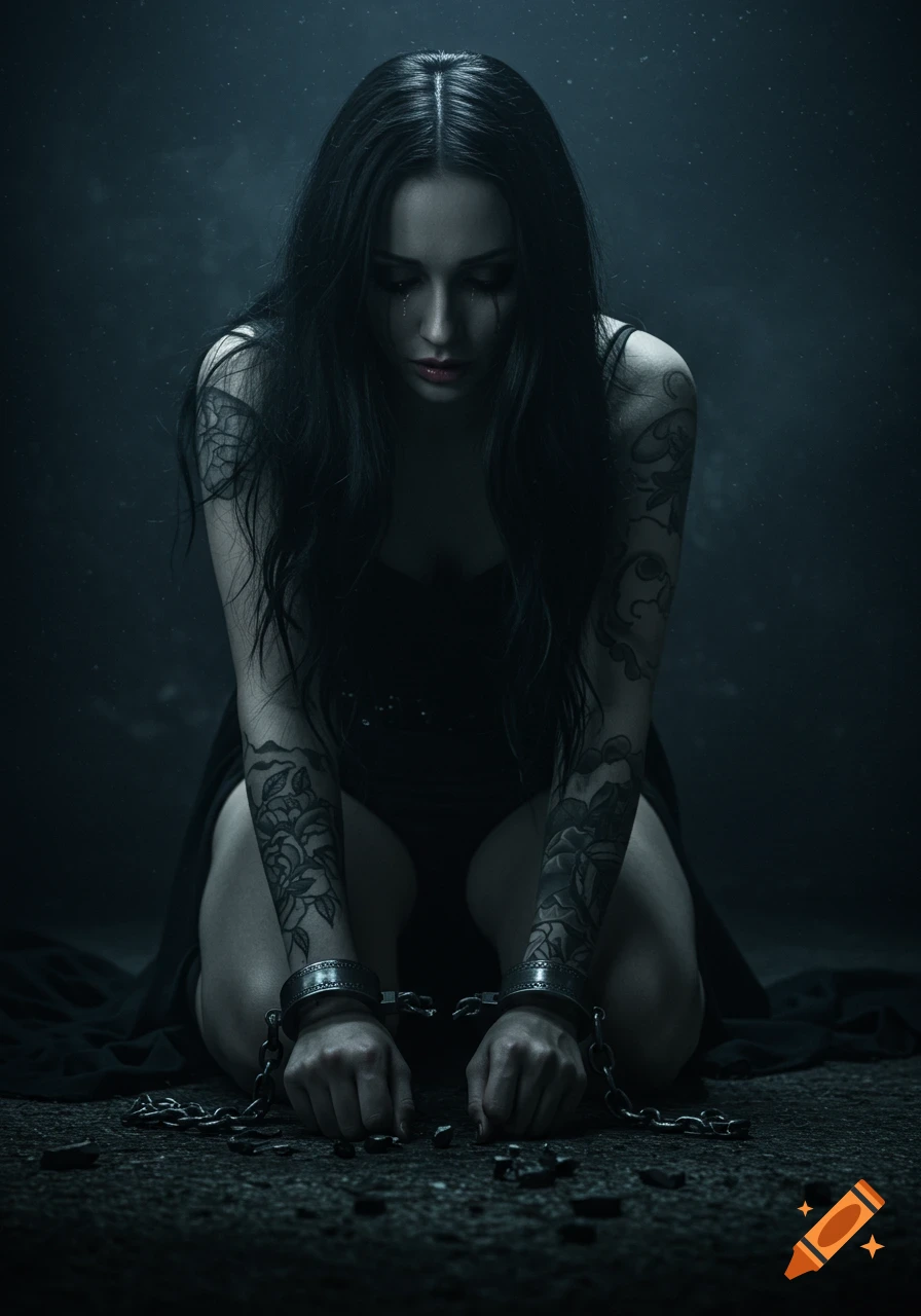 A gothic woman with long black hair and tattoos kneels, wearing dark clothing and broken shackles, crying in a moody, low-lit setting.