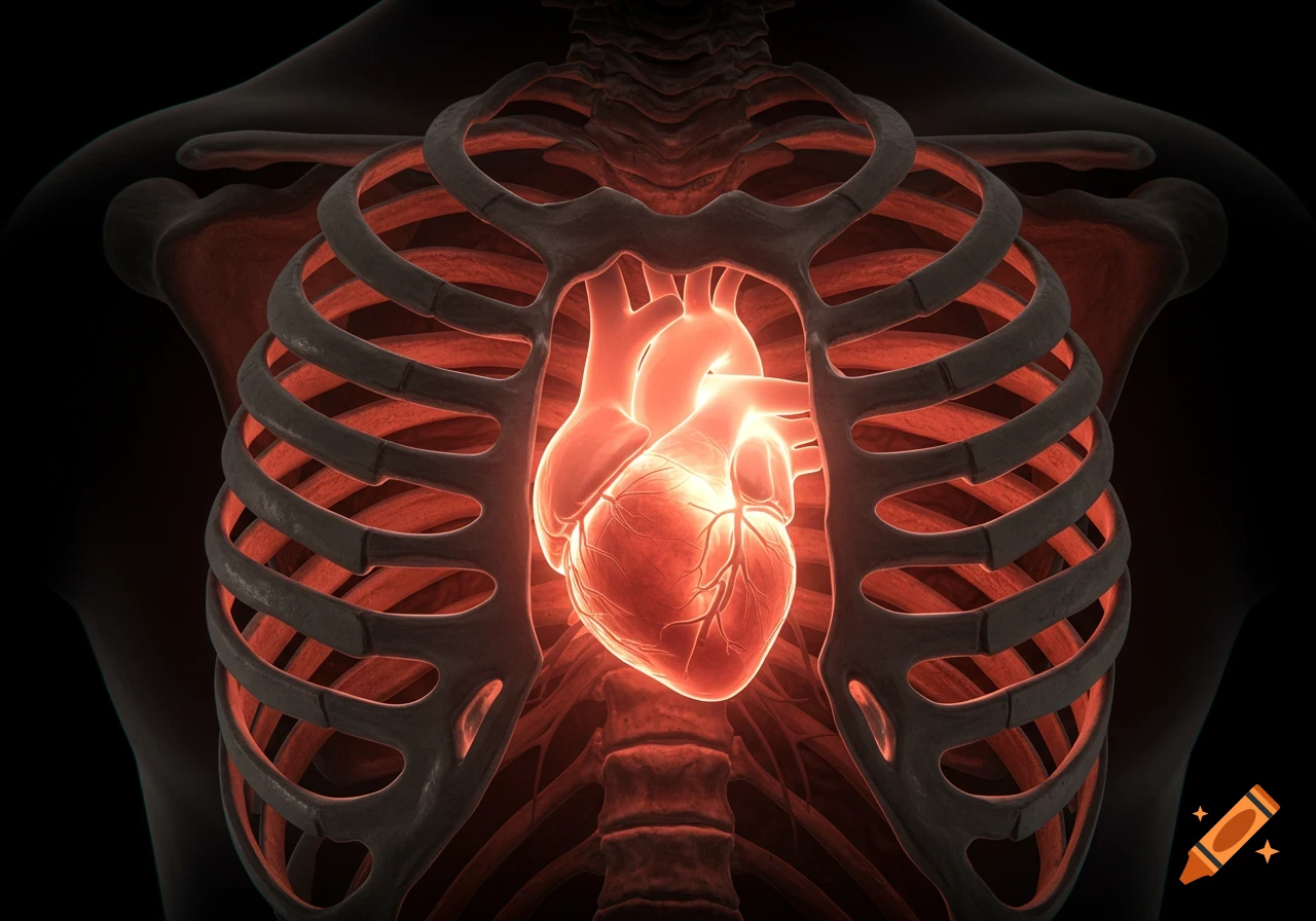 A glowing red human heart is encased within a dark, exposed rib cage, rendered in a detailed anatomical style.