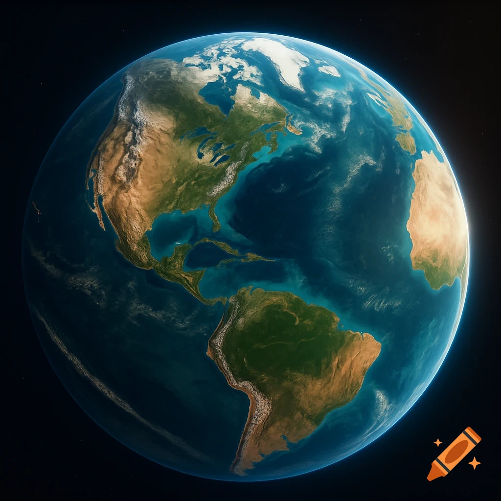 Photorealistic view of Earth from space, showing North and South America, parts of Africa and Europe.