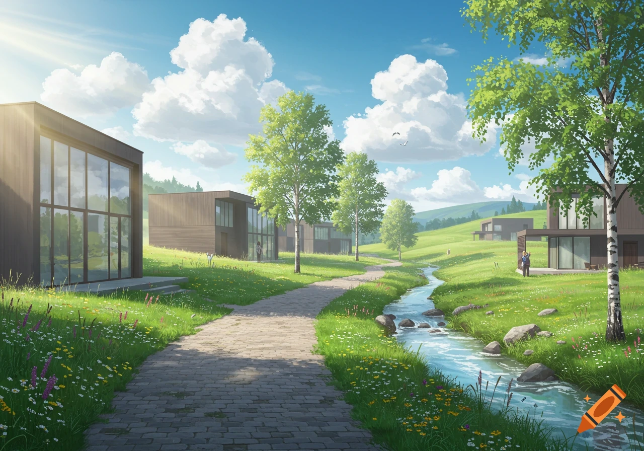 A serene digital painting of modern houses in a green village with a winding path, stream, and hills under a bright blue sky.
