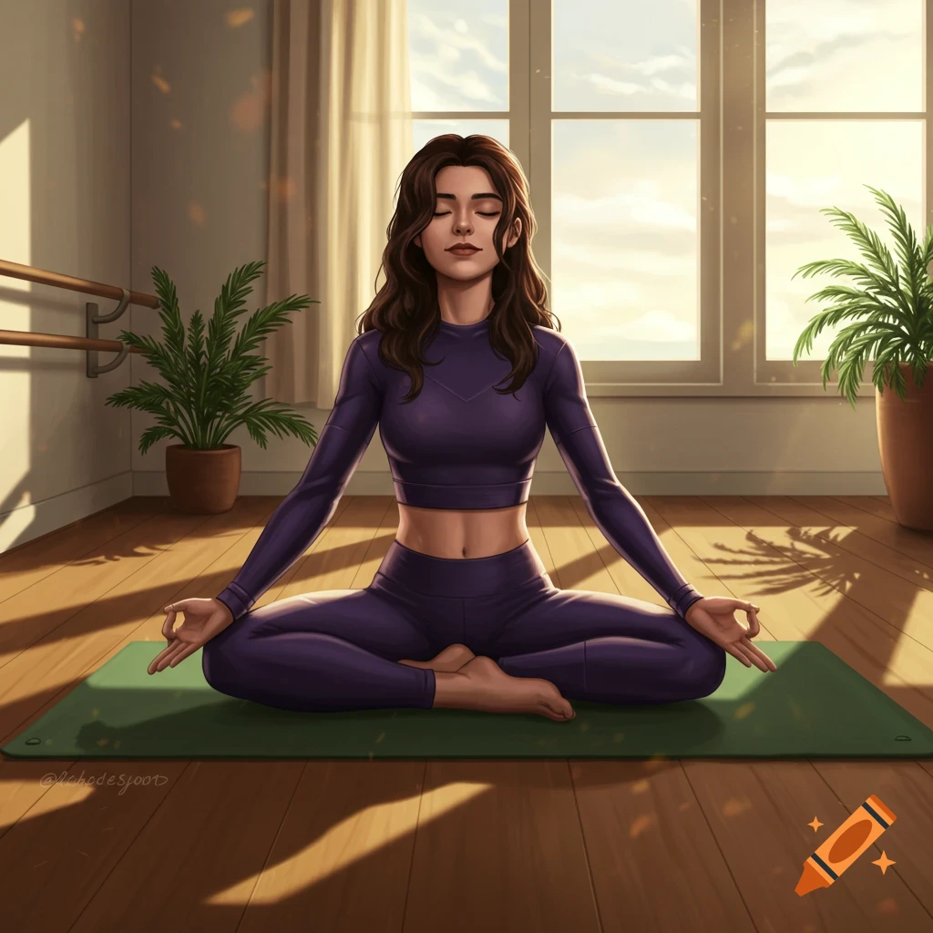 Woman in purple yoga outfit meditating in a sunny room on a green mat, digital art.