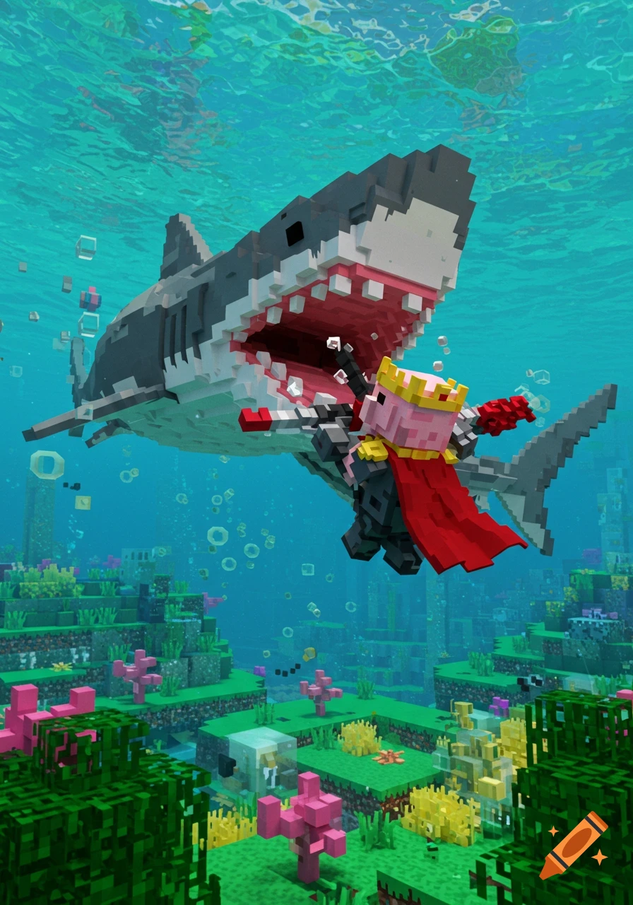 A blocky Minecraft-style shark with its mouth open, appearing to eat a character wearing a crown and red cape, in a vibrant underwater scene with coral.