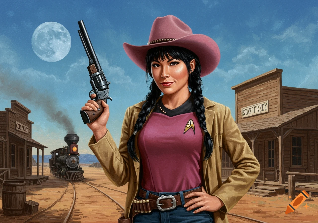 A hyperrealistic image of a Starfleet ensign in a pink cowboy hat, Western clothing, holding a revolver in an old west town with a train and moon.