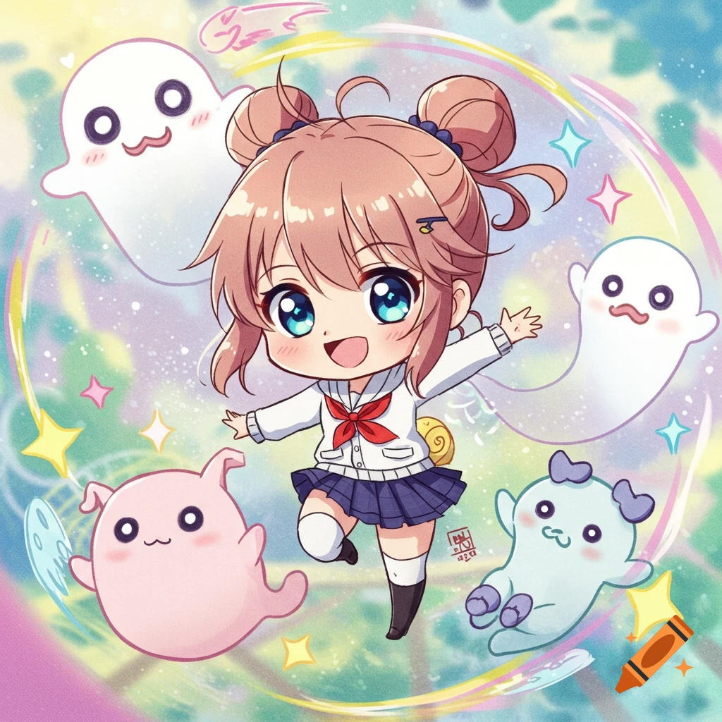 A cheerful chibi anime schoolgirl with bun hair jumps happily, surrounded by cute, colorful cartoon ghosts and sparkling stars in a bright, whimsical style.