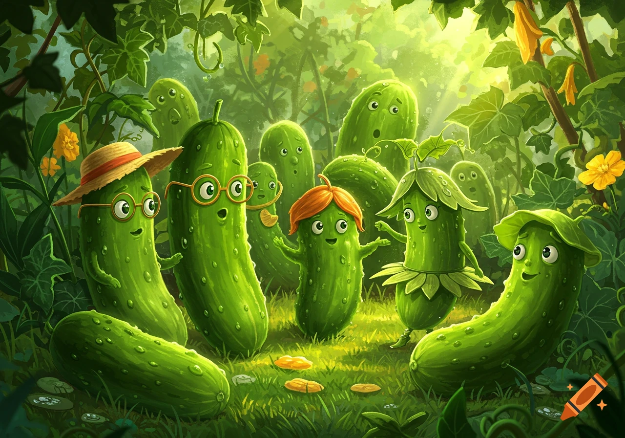 A group of cheerful cartoon pickle characters, some wearing hats or leaves, standing in a lush green forest with sunlight.