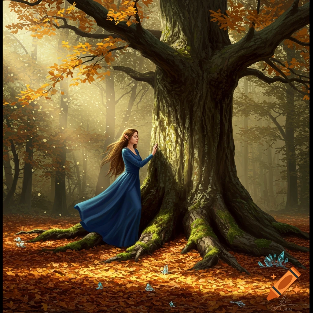 An elf-like woman in a blue dress touches a large tree in an autumn forest with fallen leaves and glowing crystals.