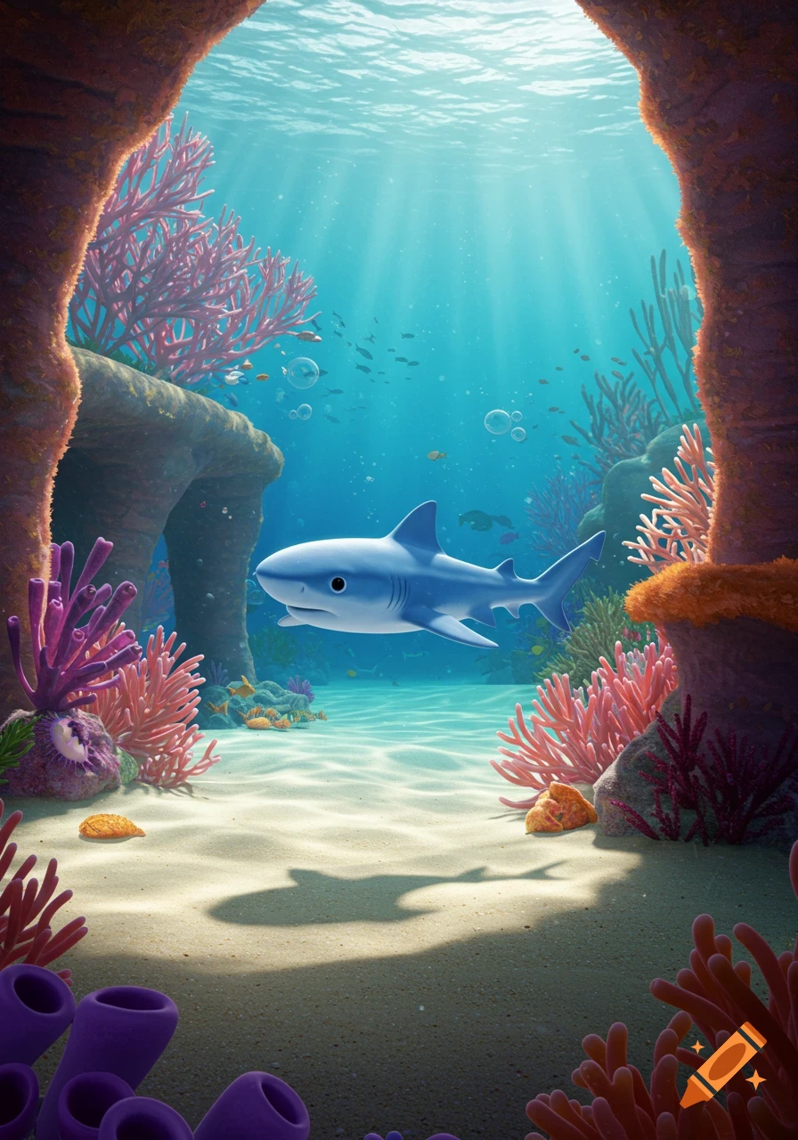 A cartoon baby shark swims through a vibrant coral reef, with sun rays piercing the clear blue water.