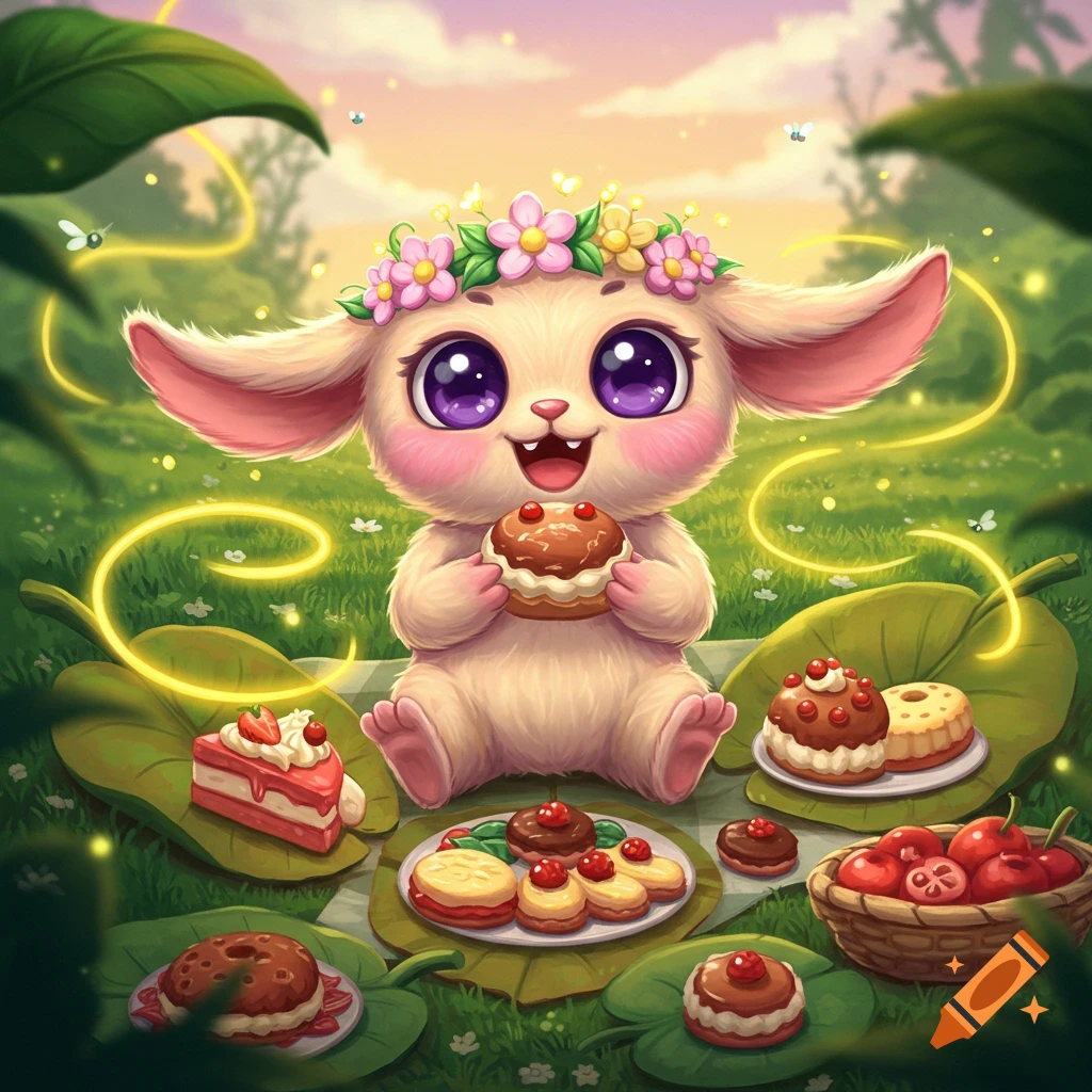 A cute, furry, big-eyed creature with a flower crown holds a cupcake at a picnic with various desserts in a lush, magical forest.