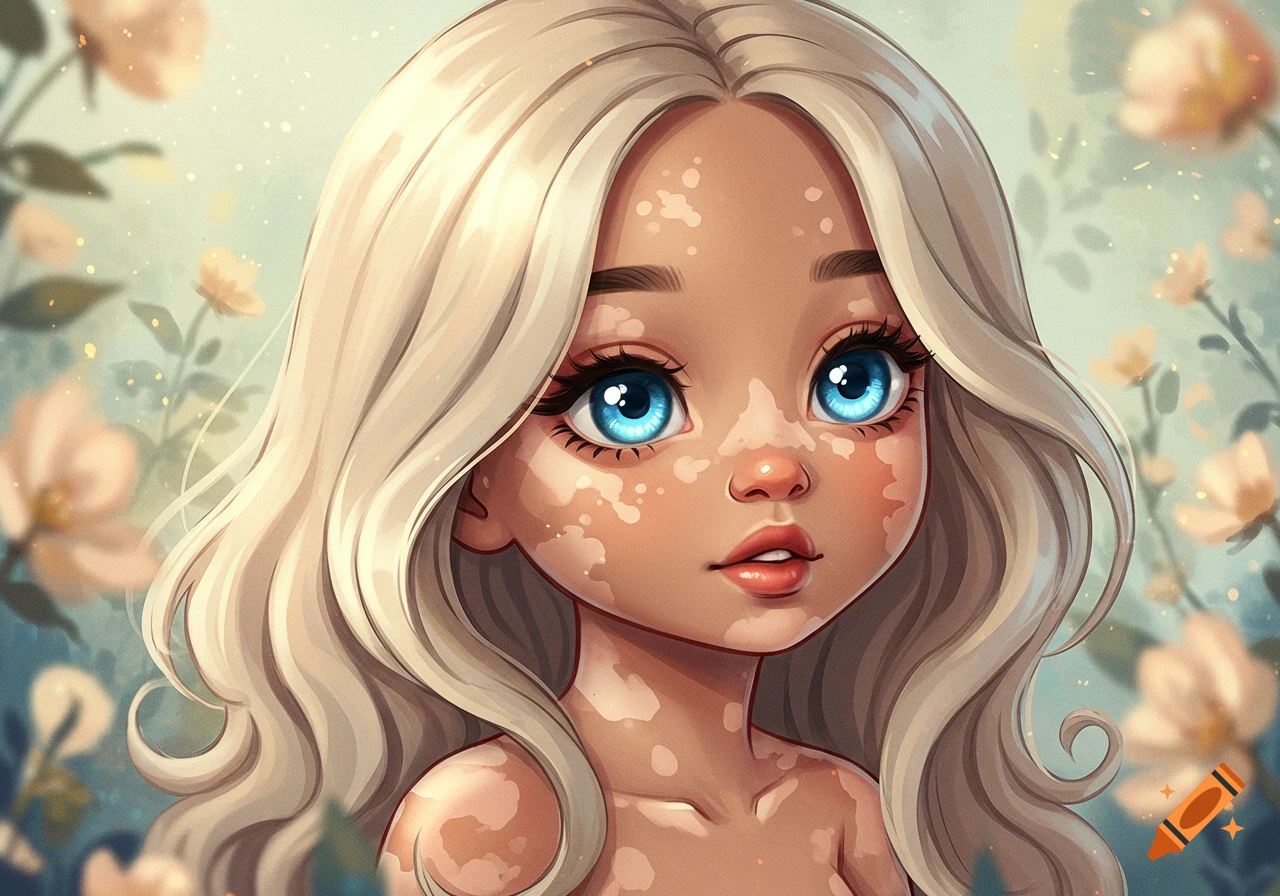 Cute anime girl with long dirty blonde hair, blue eyes, and vitiligo, set against a soft floral background.