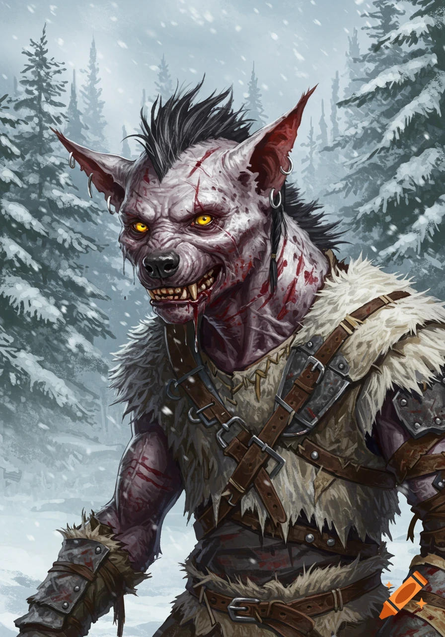 Portrait of a starved, bloodied fantasy hyena gnoll with glowing yellow eyes, wearing primitive fur armor in a snowy winter forest.