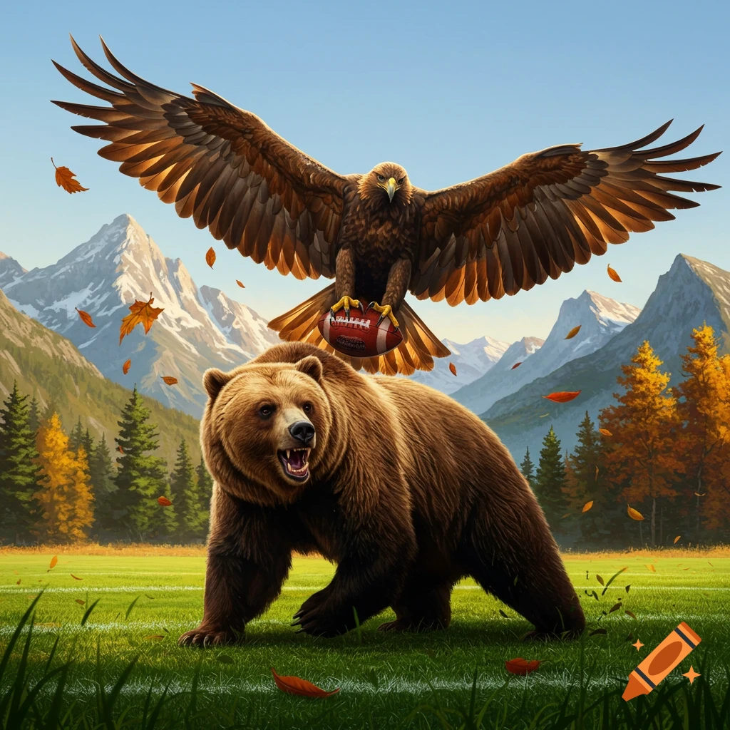 A golden eagle with a football flies above a growling grizzly bear on a grassy field with autumn leaves, mountains in background.