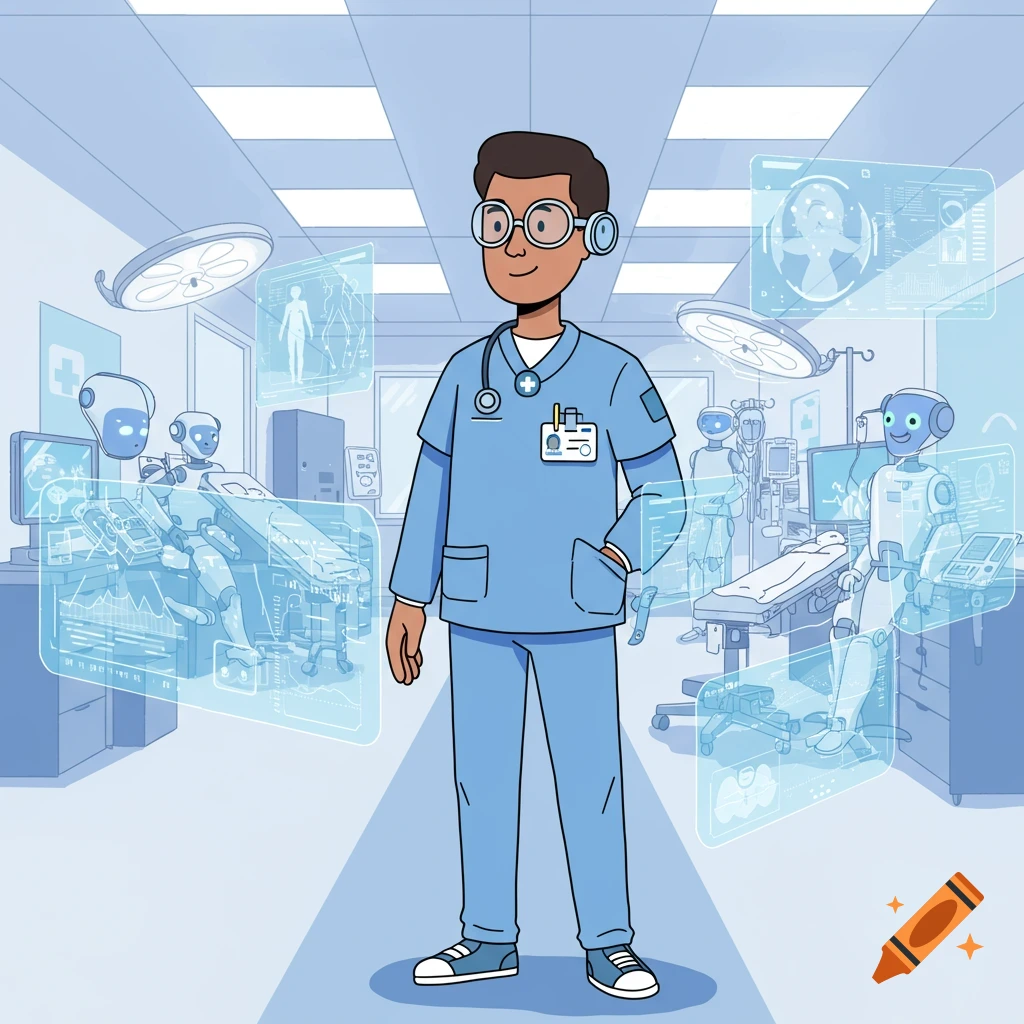 Cartoon of a male medical professional in a futuristic hospital surrounded by holographic data screens and medical robots.