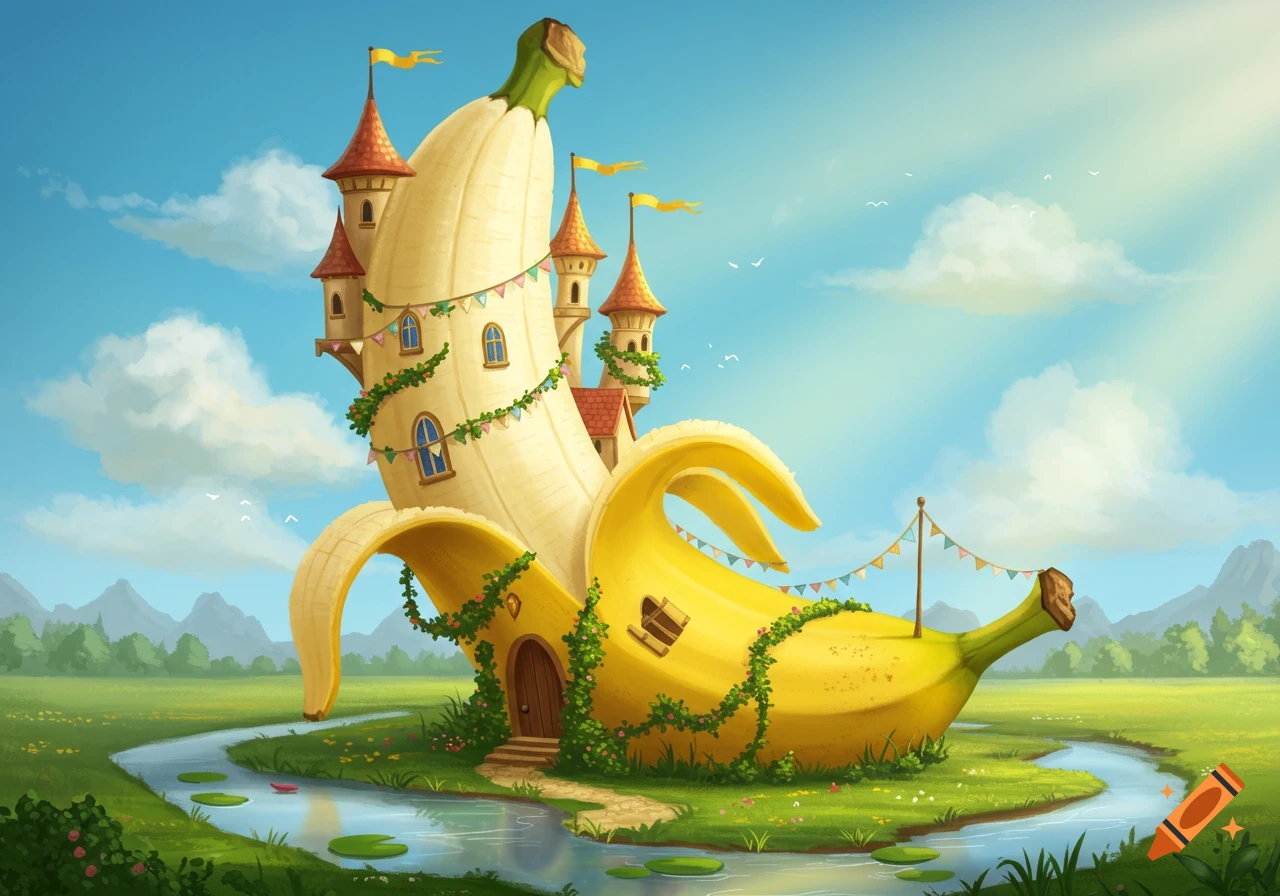 A whimsical castle made from a peeled banana, decorated with vines and flags, sits on an island in a winding river under a sunny blue sky.