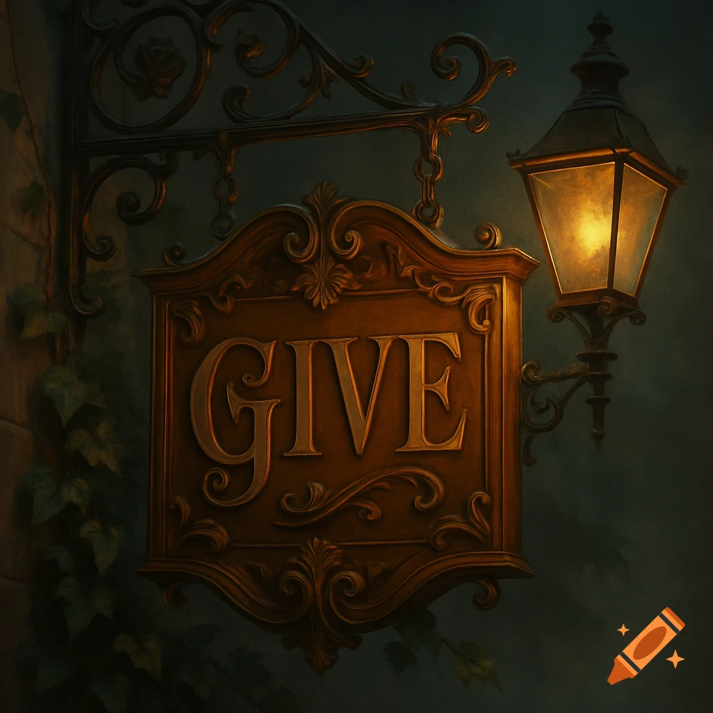 An ornate, illuminated Victorian-style wooden sign with the word "GIVE" carved on it, hanging on a wall next to a lit lantern.