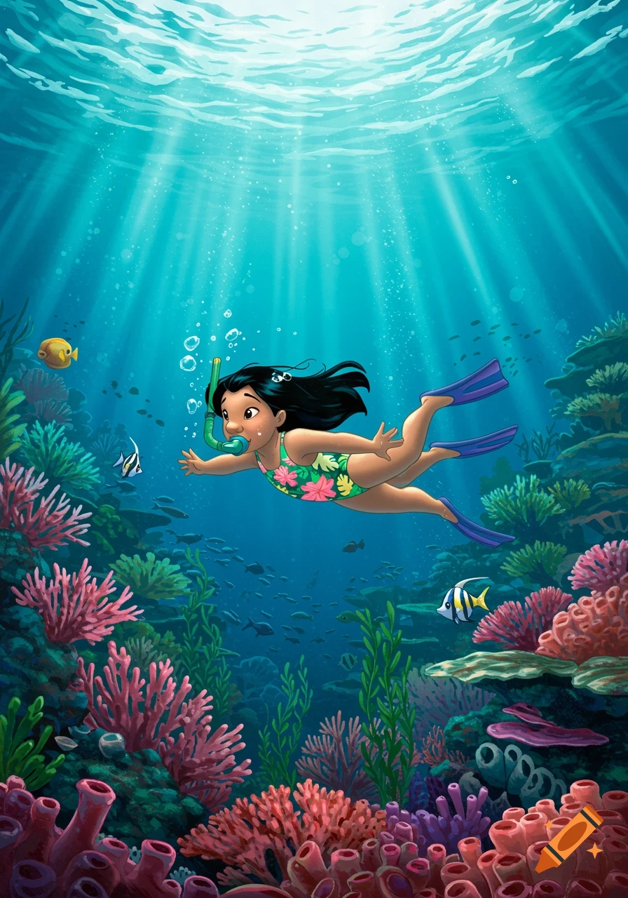 Animated girl, Lilo, snorkeling underwater in a floral swimsuit, surrounded by colorful coral, tropical fish, and sunbeams from the surface.