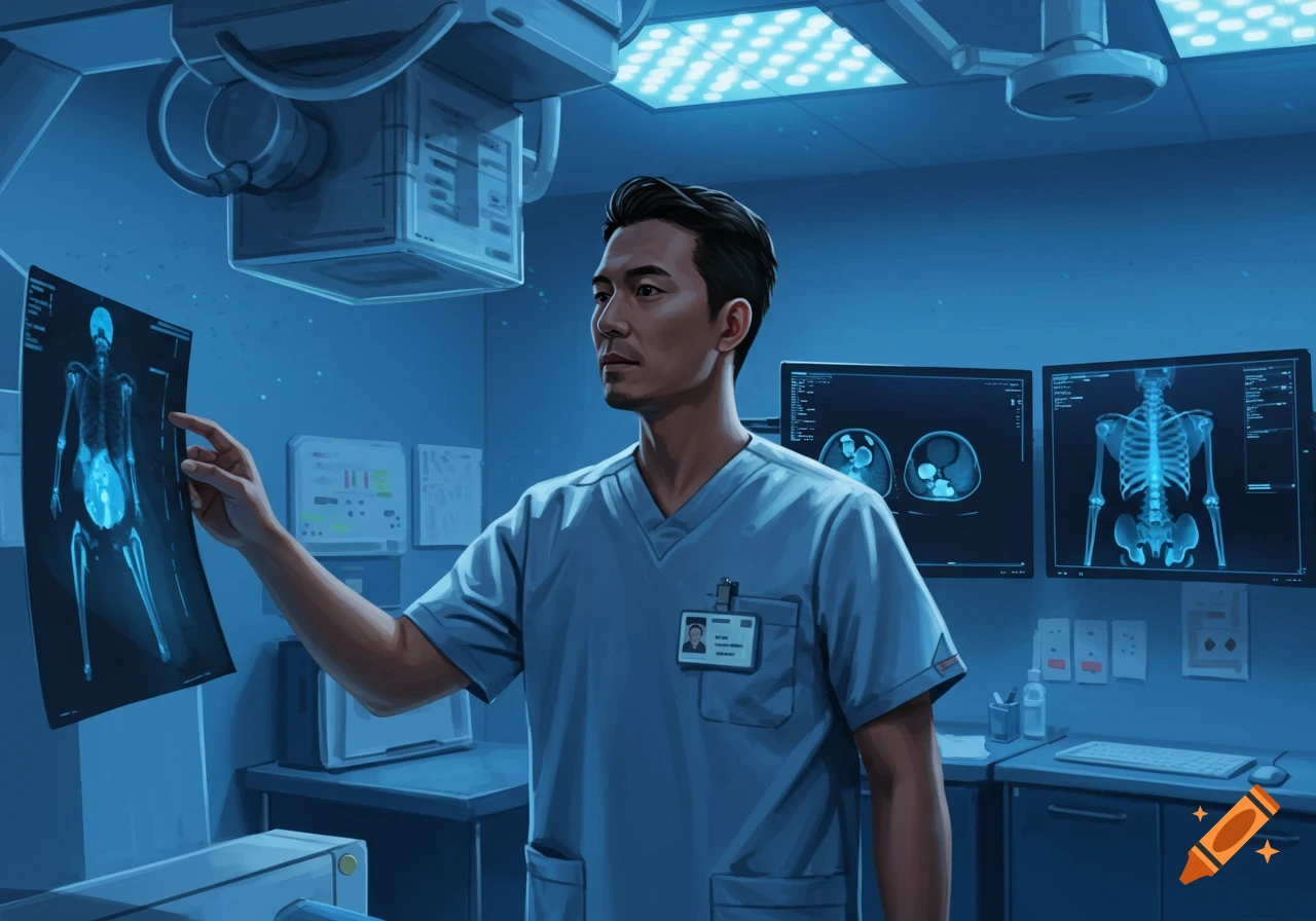 An Asian male radiology technician in blue scrubs examines an x-ray film in a dark blue medical room with monitor displays. Stylized illustration.
