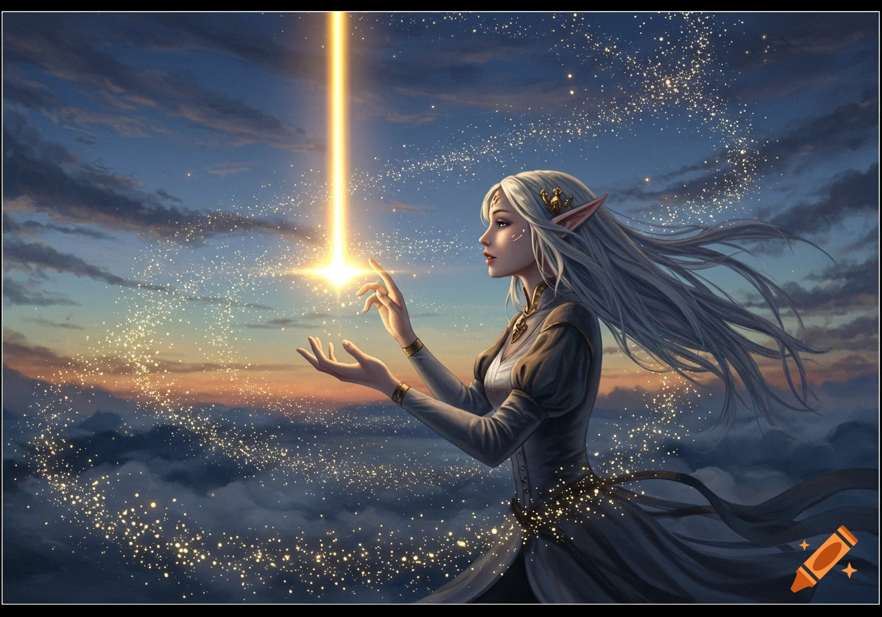 An elf-like woman with long white hair reaches for a golden beam of light in a twilight sky, surrounded by sparkling motes.