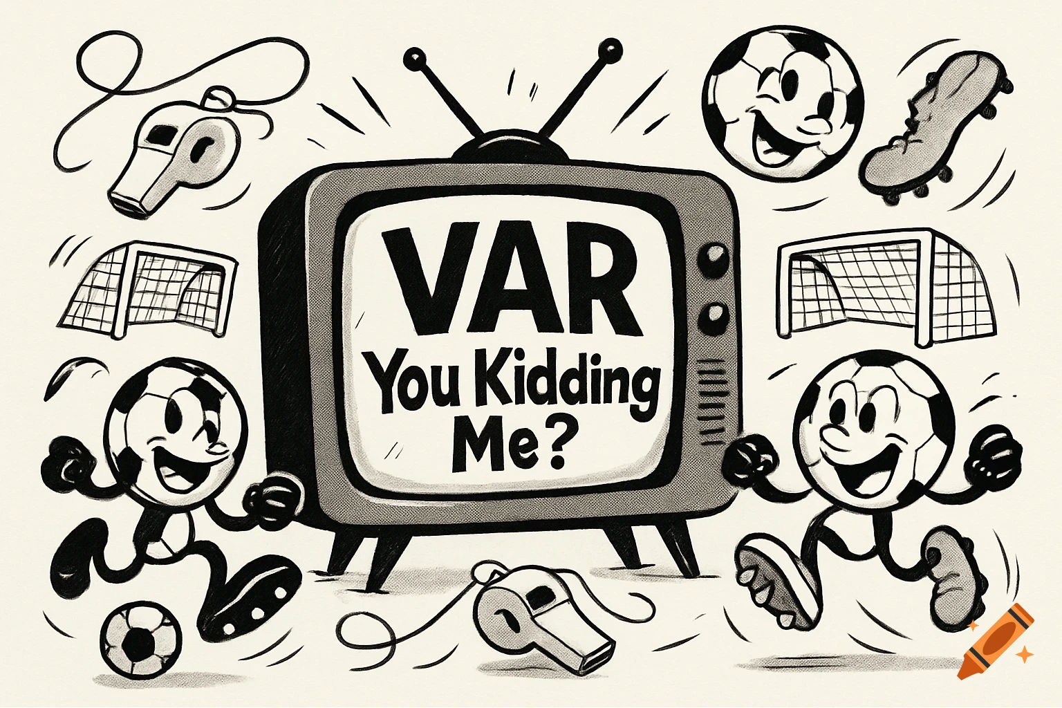 Black and white cartoon of a retro TV displaying 'VAR You Kidding Me?', surrounded by soccer balls, nets, whistles, and boots.
