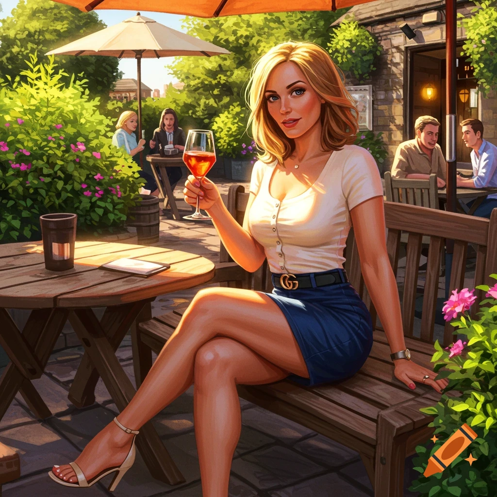 A smiling blonde woman in a white top and blue miniskirt sips wine at a sunny pub garden table.
