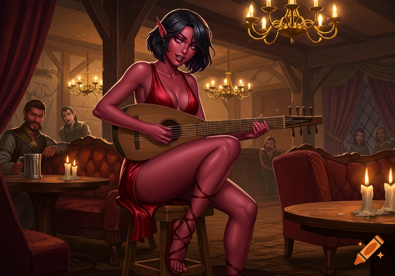A dark red-skinned female elf with dark hair and pink eyes, wearing a low-cut crimson mini-dress and sandals, plays a lute in a dimly lit fantasy tavern.