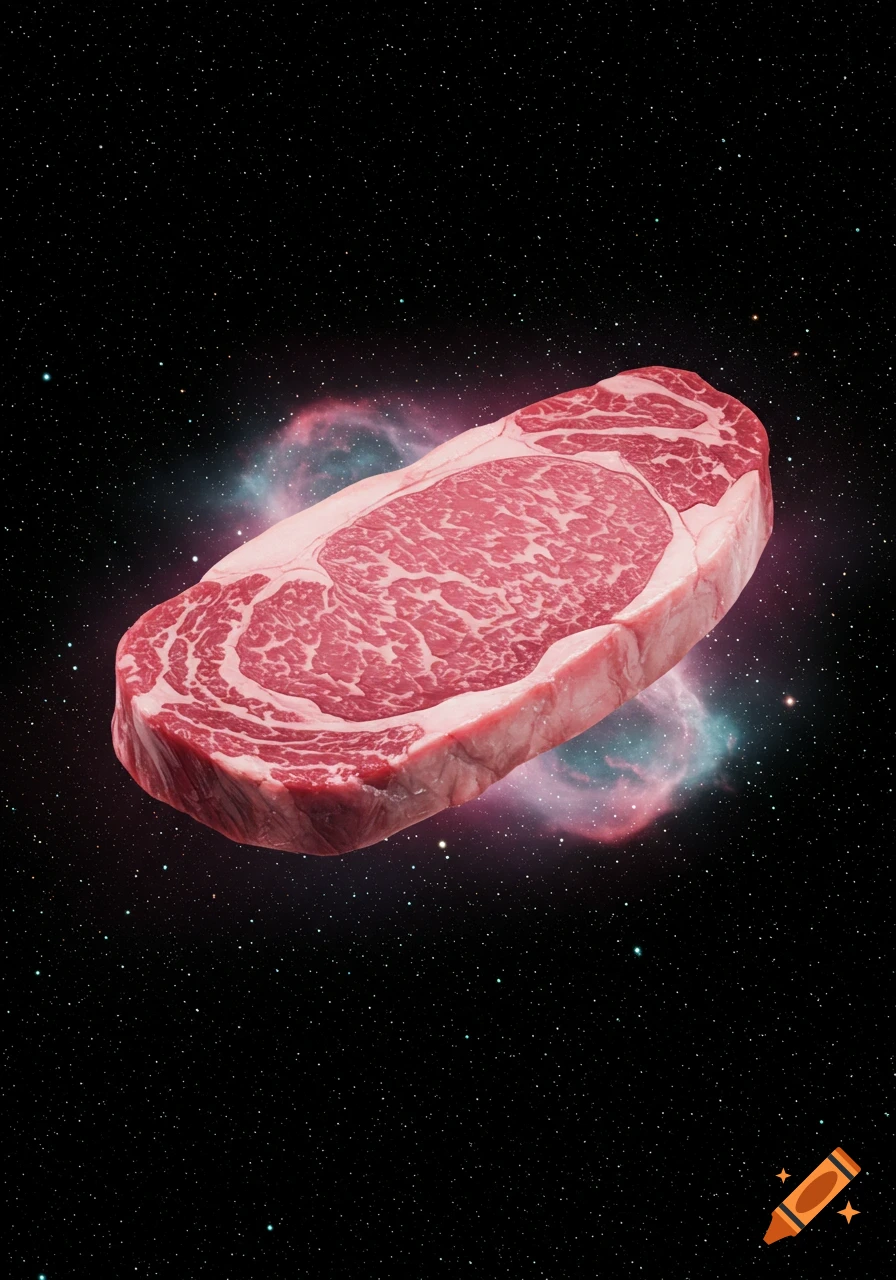 A raw ribeye steak floats in deep space against a backdrop of stars and pastel nebulae.