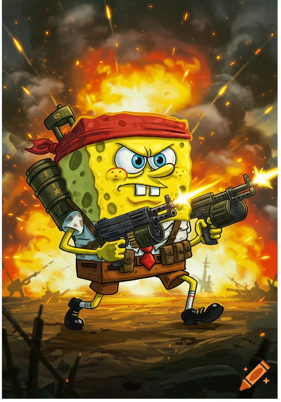SpongeBob in military gear, red bandana, firing two M60 machine guns with an angry face against a fiery battlefield background, cartoon style.