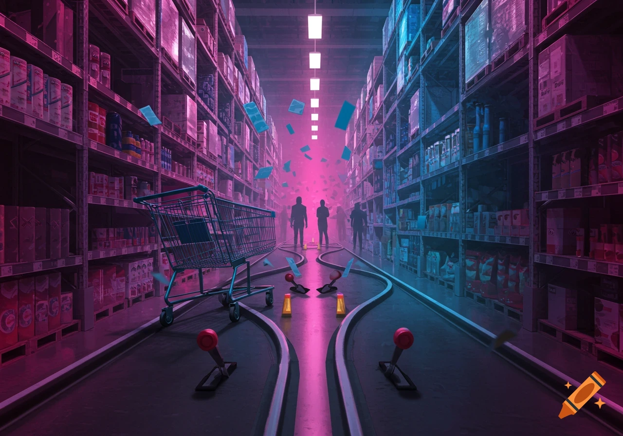 Cyberpunk warehouse scene with neon lights, a shopping cart, and shadowy figures at a branching path, depicting the trolley problem.