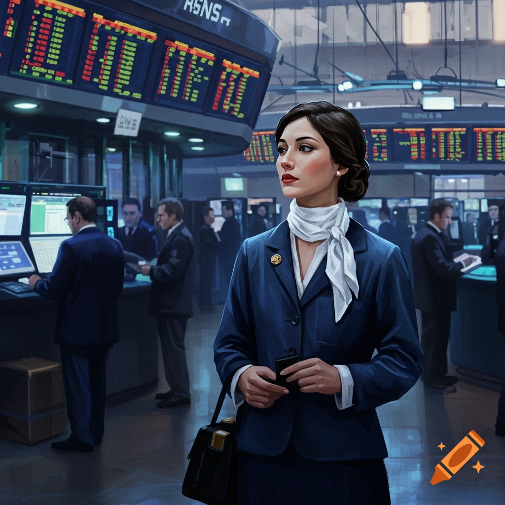 A woman in a blue suit and white scarf stands in a busy stock trading room with large screens displaying financial data.