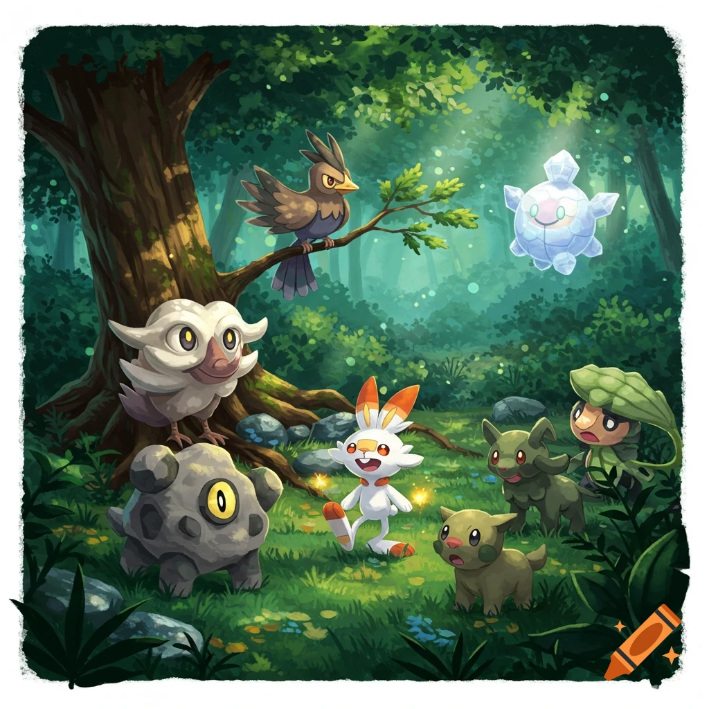 An illustration of several Pokémon, including Scorbunny, Roggenrola, Rookidee, and two small green creatures, gathered in a lush, sun-dappled forest.
