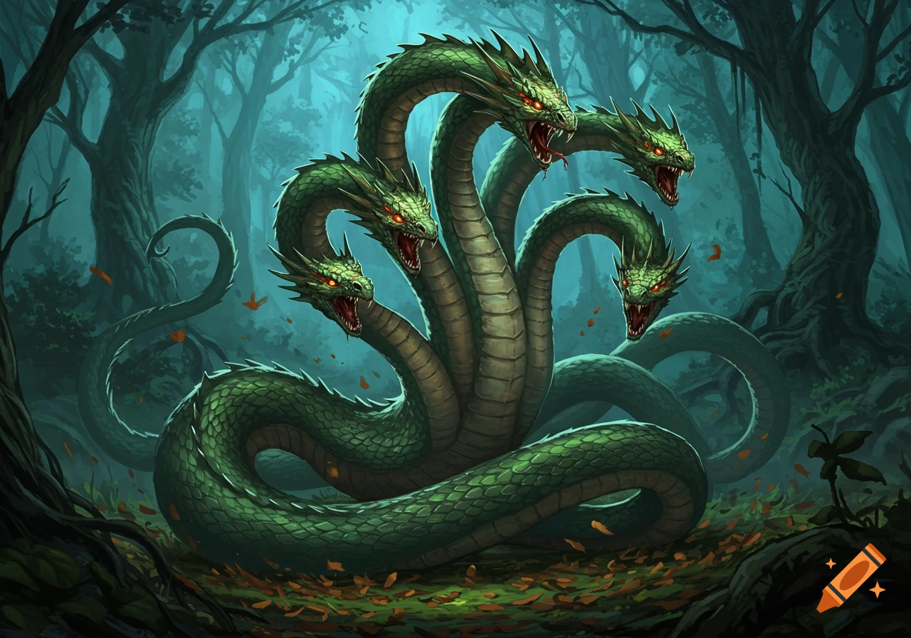 A fierce, multi-headed green hydra with glowing red eyes roars in a dark, mystical forest.
