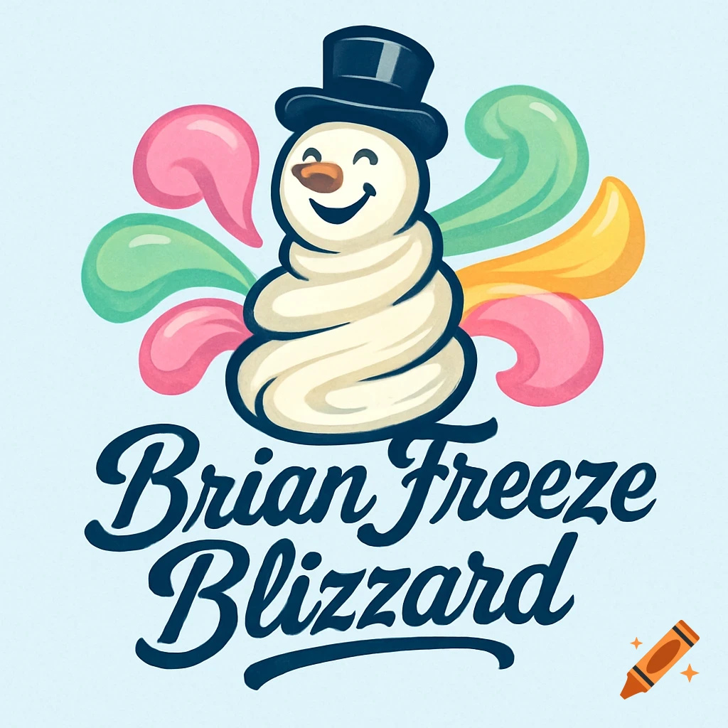 Logo for 'Brian Freeze Blizzard' featuring a cartoon soft-serve ice cream snowman with a top hat, smiling with a carrot nose, surrounded by colorful abstract swirls.