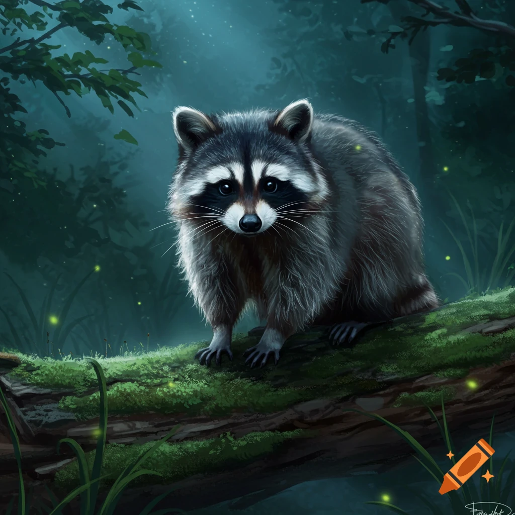 A digitally painted raccoon sits on a mossy log in a dark, misty forest illuminated by glowing fireflies.