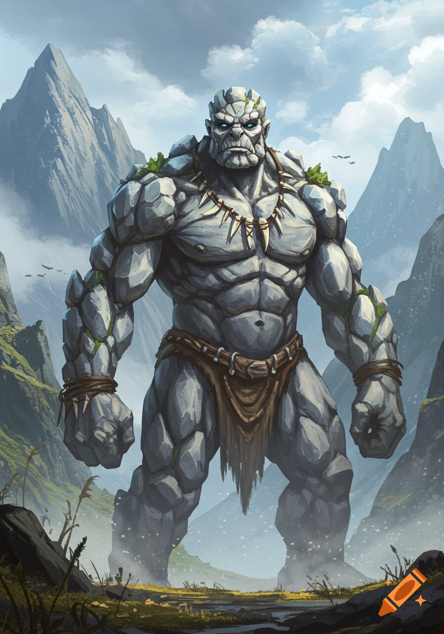 A powerful, rocky grey goliath with blue eyes stands in a mountain valley, wearing a loincloth and tooth necklace. Fantasy art.